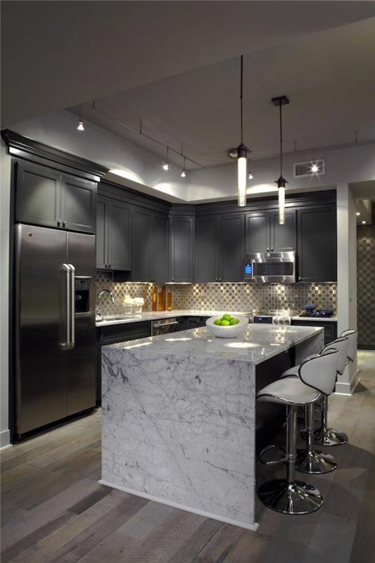 keittiön suunnitteluideat keittiösaaren marmorimosaiikkilaatat