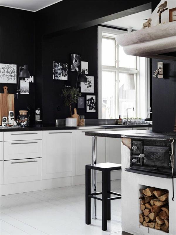 keittiön suunnitteluideat musta seinän väri valkoinen keittiökaapit