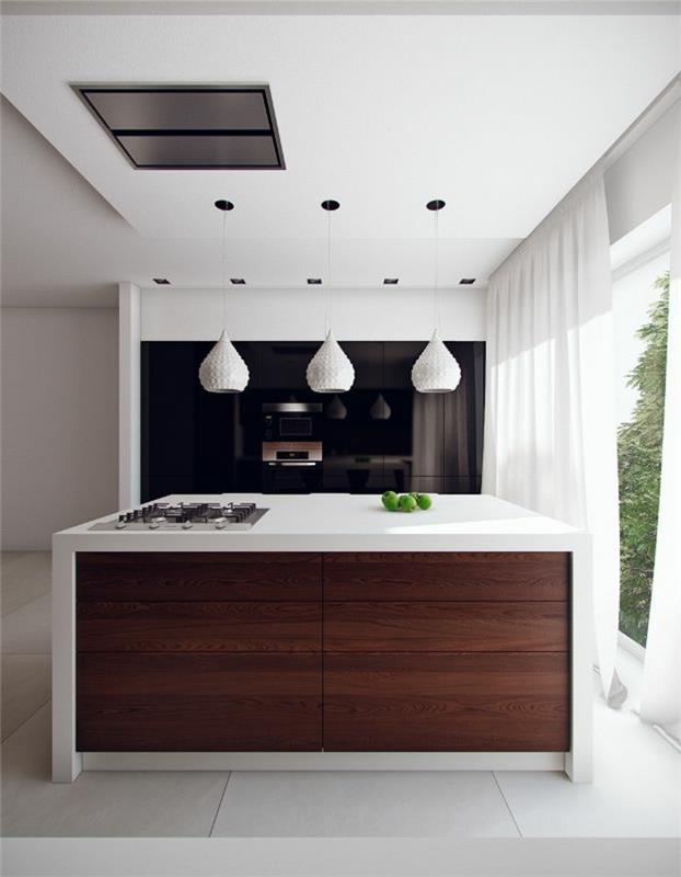 keittiön suunnittelu valkoinen riippuvalaisimet kattovalaistus keittiösaari