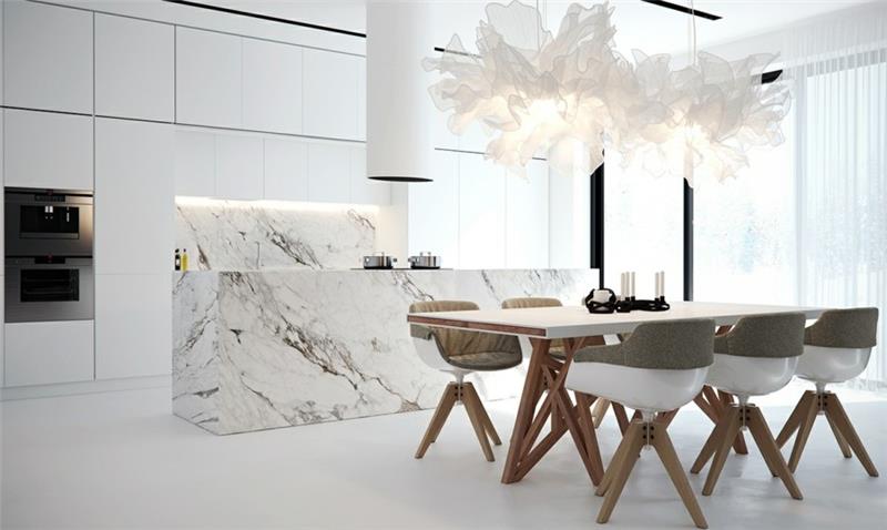 marmorinen keittiösaari iso ruokapöytä designtuoleilla