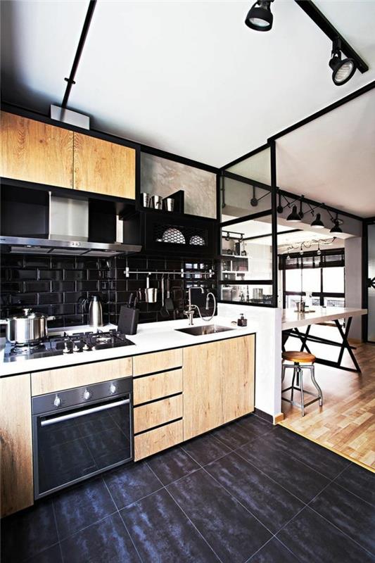 keittiökalusteet teollinen keittiö mustat lattialaatat puiset keittiökaapit keittiön takaseinä