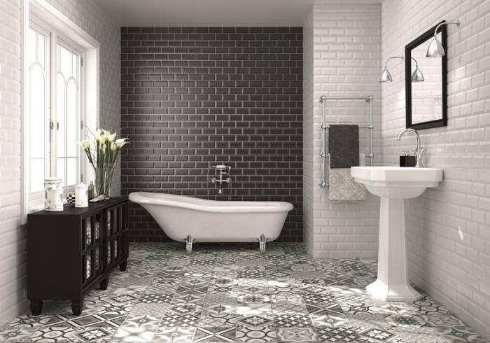 keraamiset laatat kylpyhuone krakelee -tekniikka valkoinen musta kaunis lattia