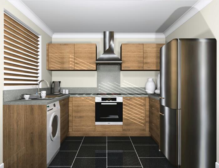 jääkaapit tyylikäs muotoilu mustat lattialaatat pieni keittiö