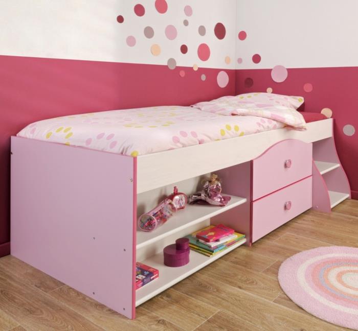 pinnasänky vaaleanpunainen design tyttöjen huone avoimet hyllyt laatikot