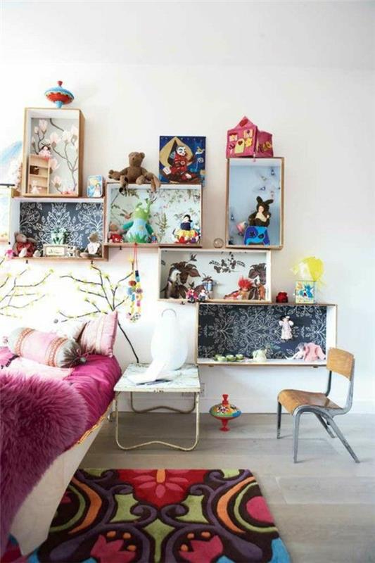lastenhuone koristavat tyttöjen huoneen värillinen matto avoimet hyllyt