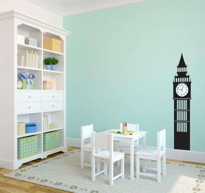 lastenhuoneen sisustusideoita vaaleanvihreä seinämaali valkoinen lasten huonekalutarra