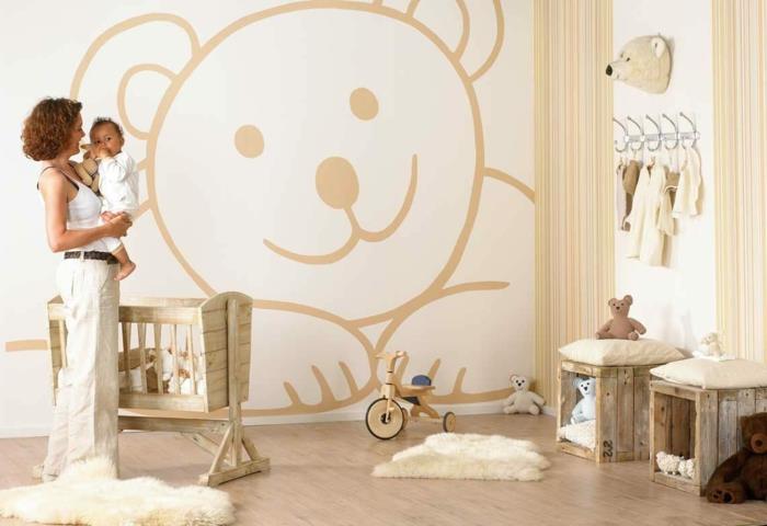 lastenhuone perustaa vauvansänkyä puuosastoja jakkara diy ideoita puulaatikoita vaneriseinäkoristeita karhuja