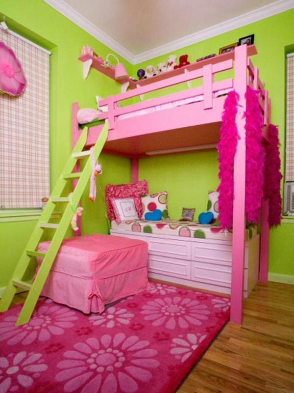 lastenhuoneen värit seinämaali vihreä vaaleanpunainen huonekalut