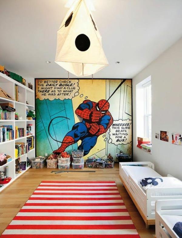lastenhuoneen suunnittelu sänky juoksija seinän suunnittelu hämähäkkimies sarjakuva avoin seinähylly