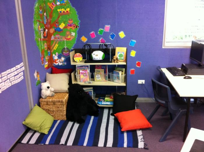 design lastenhuone lukukulma istuinlaatikot kirjoituspöytä lukukulma violetti seinä