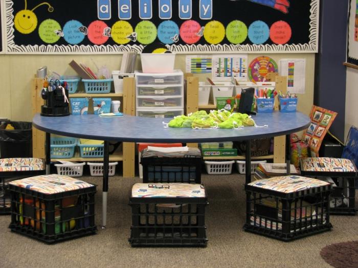 design lastenhuone lukukulma istuimet laatikot kirjoituspöytä lukunurkkaus