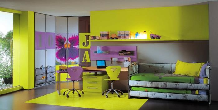 design lastenhuone huonekalut nurkka vaatekaappi vihreä matto
