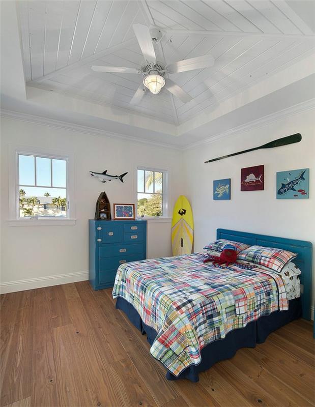 lastenhuoneen suunnittelu trooppinen surf deco valkoinen sininen
