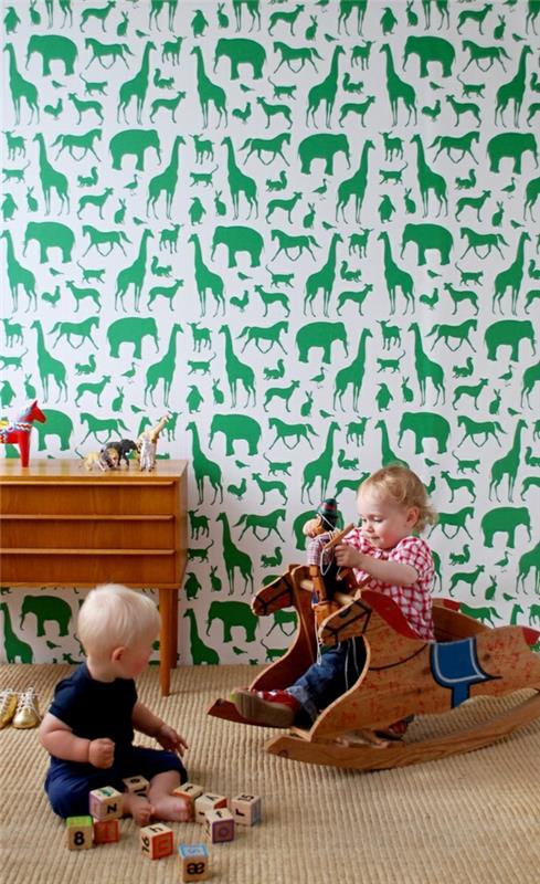 lastenhuoneen suunnittelu tapetti vihreä valkoinen eläimet