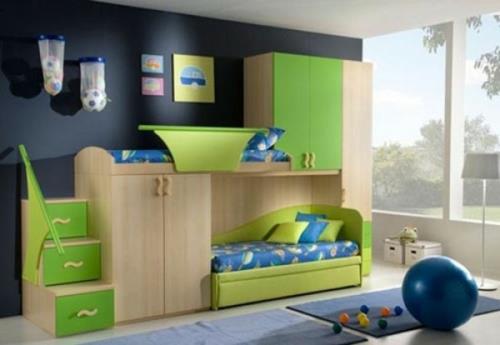 lastenhuone upea vihreä musta seinä kaksi lasta kerrossänky hoitopöytä