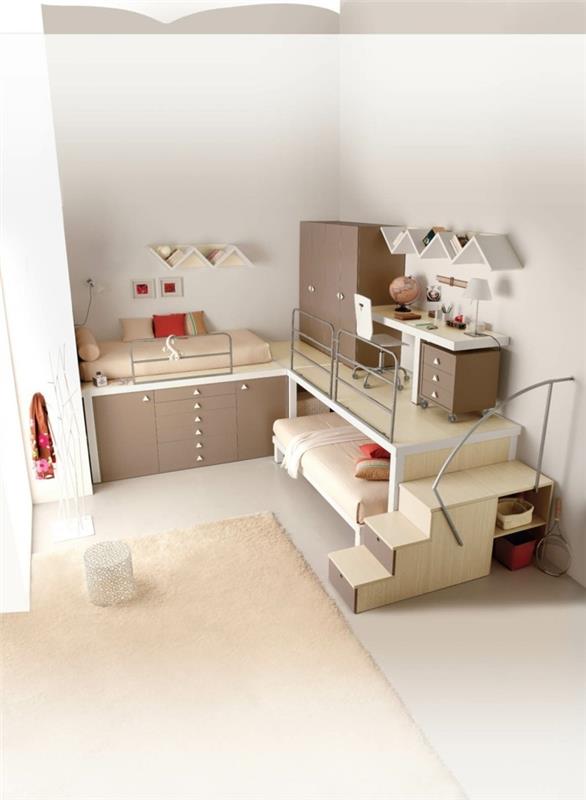 lastenhuone parvisänky beige laatikot vaalea matto