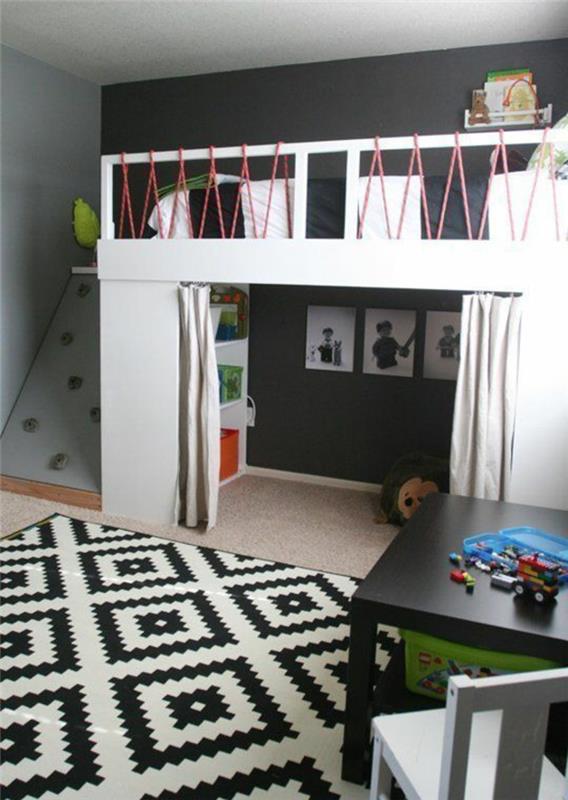 lastenhuoneen matto valkoinen musta kuvio lasten parvisänky
