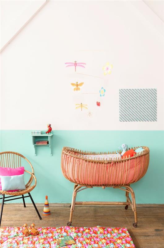 lastenhuoneen seinän väri turkoosi valkoinen vauvan huoneen suunnittelu vauvan sänky