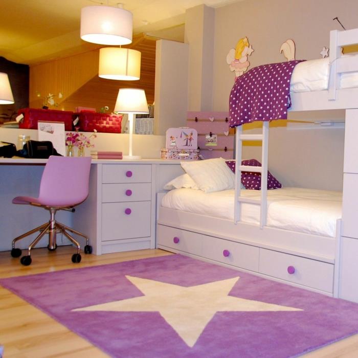 lastenhuoneen suunnittelu violetti matto lasten parvisänky violetti aksentti