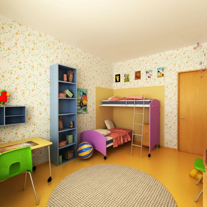 lastenhuoneen huonekalusuunnittelu kauniita seinämaalauksia kukat pyöreä matto