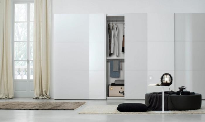 vaatekaappi valkoinen valkoinen moderni oloideat makuuhuone pitkät verhot mattojuoksijat
