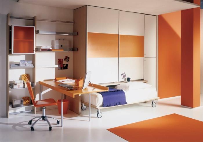 vaatekaappi lastenhuone oranssi matto kirjoituspöytä toiminnalliset huonekalut