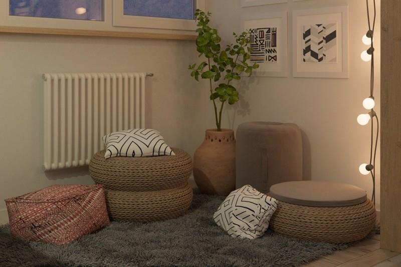 Kalusta pieni asunto Ideoita istuintyynyn luomiseen rentoutumisalueelle