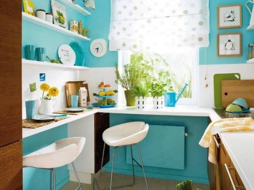 pienet keittiöpöydät kompaktit seinähyllyt siniset seinät