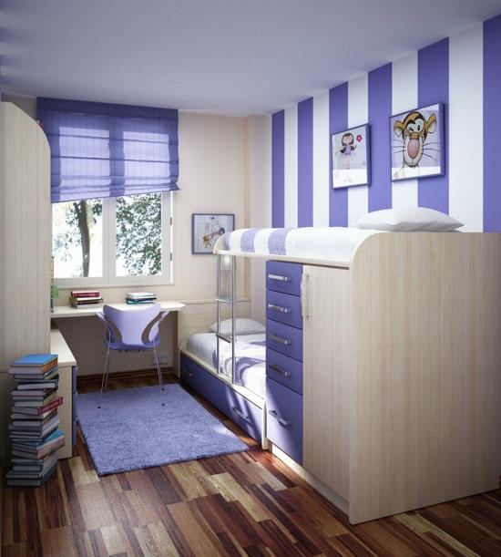 pienet huoneet tyylikäs muotoilu violetti naisellinen raidat seinä parvi sänky