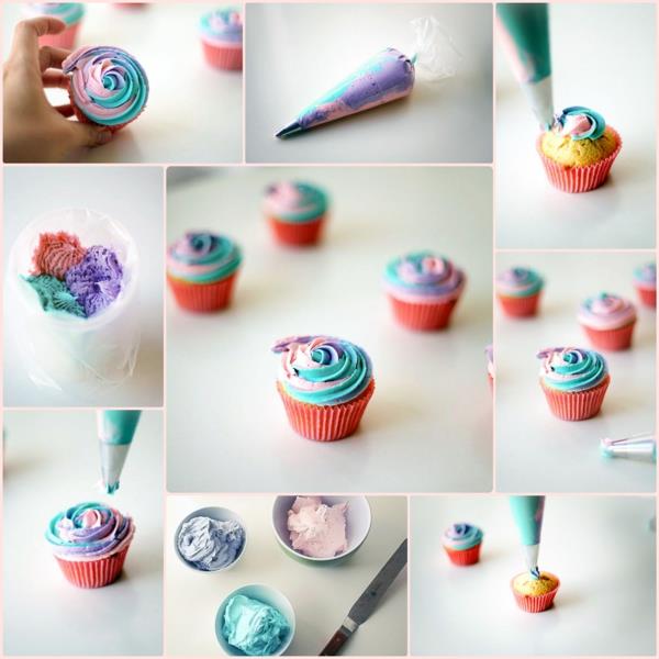 pienet tartletit leipovat pääsiäiskakun buttercream sateenkaaren värinen