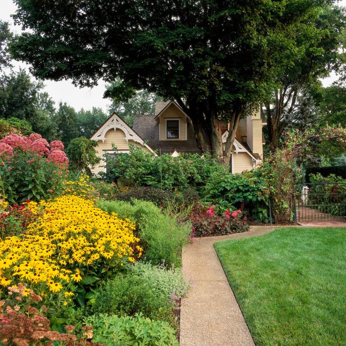 pieni puutarha muoto kaunis talo monet värikkäät puutarhan kukat polku aita vihreä pensaat korkea puu