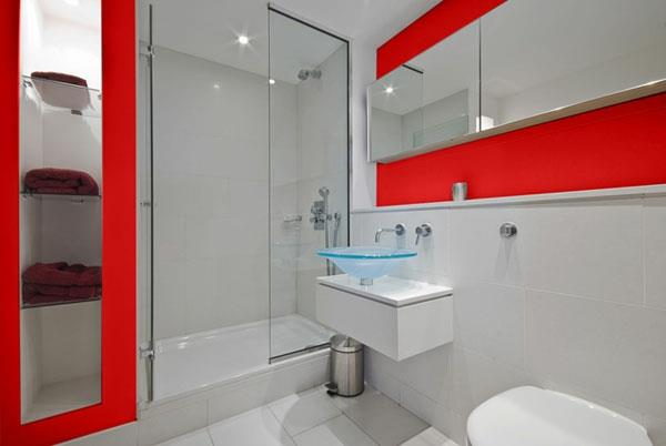 sisustaminen pieni kylpyhuone kylpyhuone ideoita punaisia ​​aksentteja