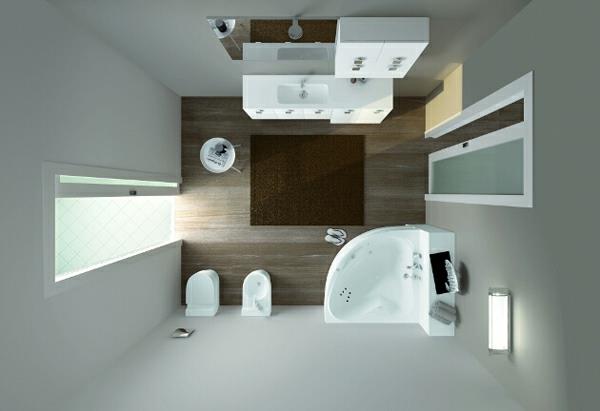 pieni kylpyhuone suunnittelu puulattia valmis suihkukaapit modernit kylpyhuonekalusteet