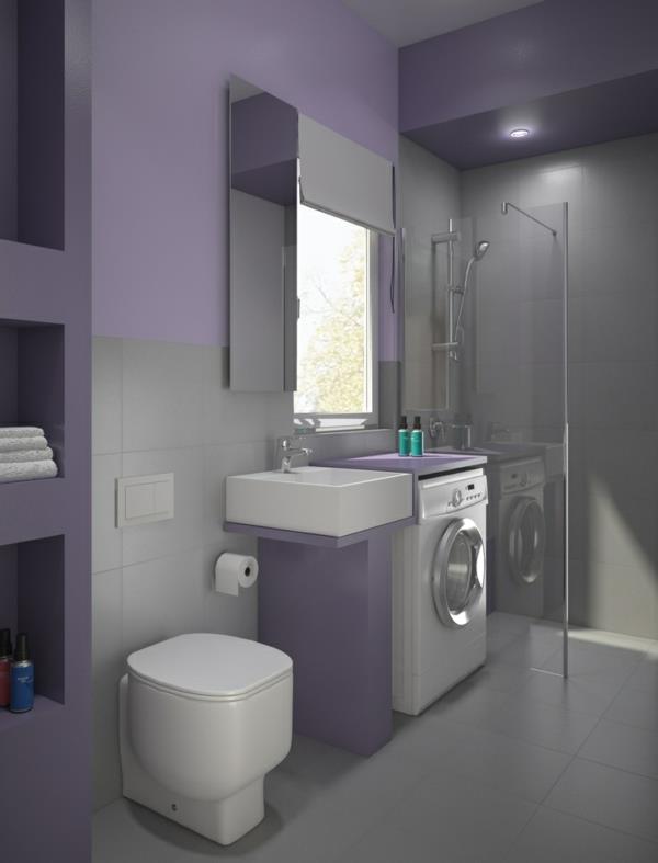 pieni kylpyhuone suunnittelu pesukone violetti seinämaali pieni kylpyhuone ideoita