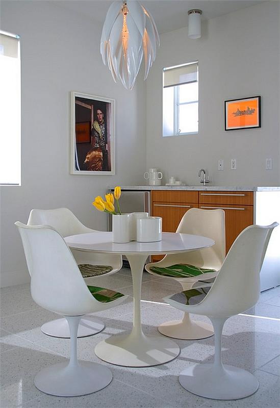 pieni ruokasali moderni sisustus pyöreä pöytä valkoinen
