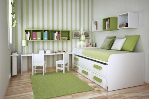pieni makuuhuone järjestää hyllyt laatikot vihreät raidat