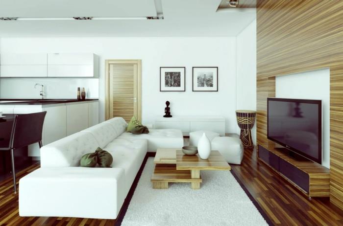 Kalusta pieni olohuone, avoin suunnitelma valkoisesta sohvasta