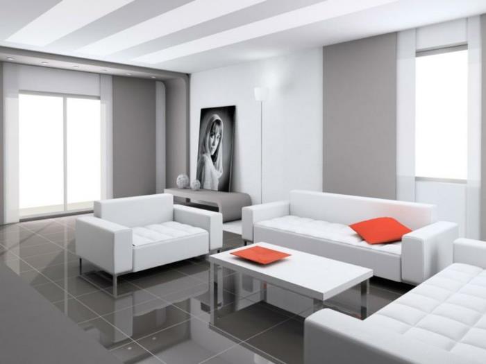 Pieni olohuone sisustus valkoinen olohuone huonekalut sohva nojatuoli harmaa verhot laatat