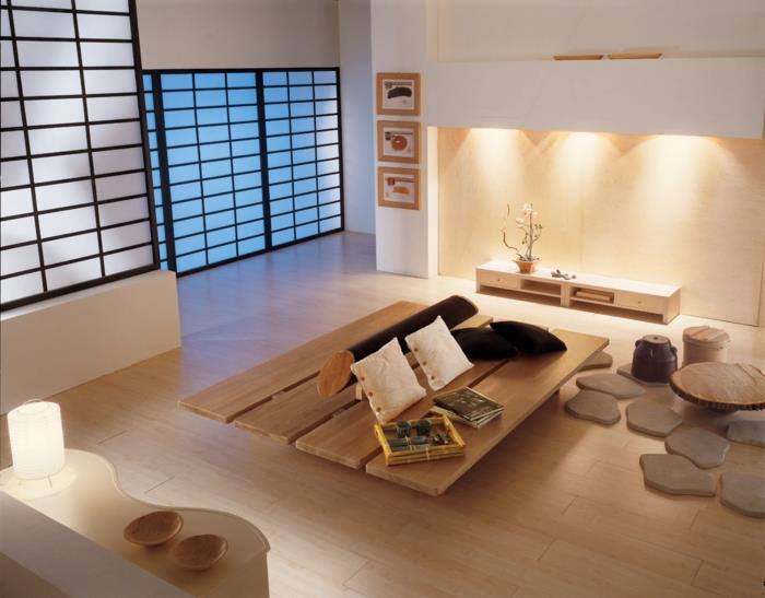 Pieni olohuone, zen -japanilaistyylinen puinen sohvapöytä
