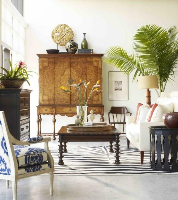 siirtomaa huonekalut puu lipasto senkki olohuone kalusteet sohvapöytä puu matto seepra kuvio