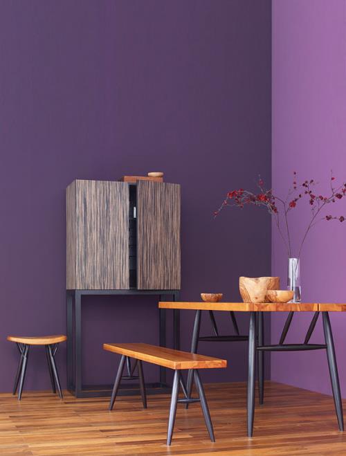 yhdistetyt huonekalut luonnonpuusta vilkkaat värit seinä violetti