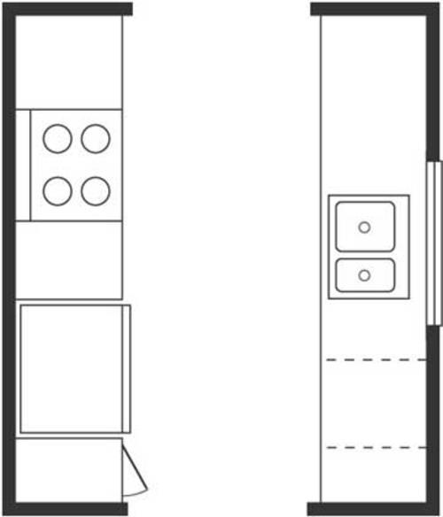 kompakti pieni kapea keittiöluonnos ideasuunnittelu Tärkeät keittiön pohjapiirrokset