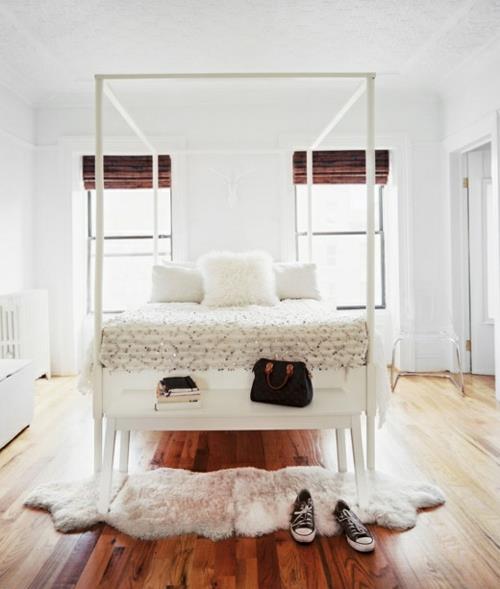 täysin valkoinen makuuhuone naisellinen muotoilu juoksija turkis katos sänky