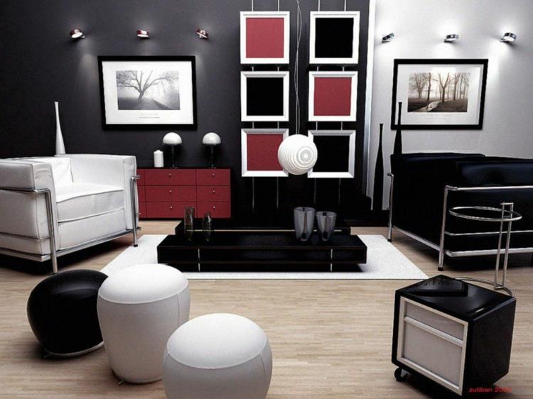 luova seinäsuunnittelu värisillä olohuone -ideoilla musta valkoinen punainen