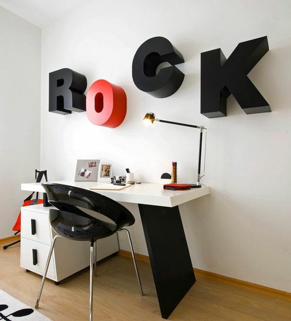luova seinäsuunnittelu opiskeluhuone oppimiskulma 3d kirjaimet typografia