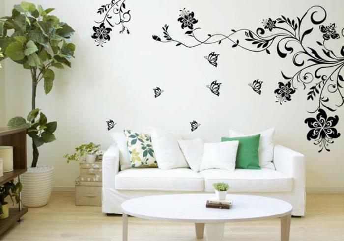 luova seinän suunnittelu seinä tarrat olohuone valkoinen sohva kasveja