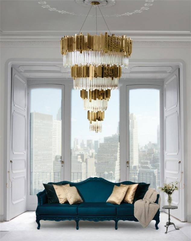 kattokruunu moderni ylellinen olohuone värillinen sohva