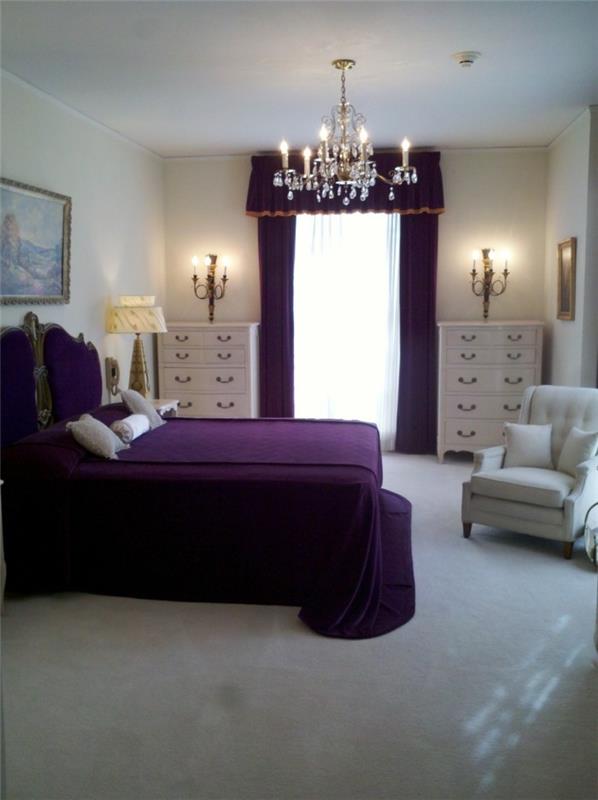 lamppu makuuhuone violetti vuodevaatteet valo matot violetit verhot