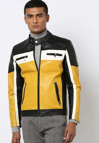 Colorblock gul og sort Slim Fit bikerjakke til mænd