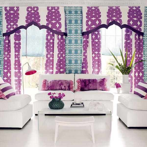 violetti väriyhdistelmä verhot kuvio syvä vahva valkoinen huonekalut